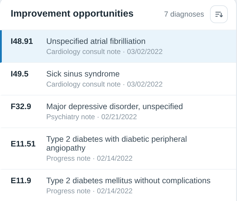 Legacy diagnosis list: AI findings rendered as identical rows with only a code, source note, and date