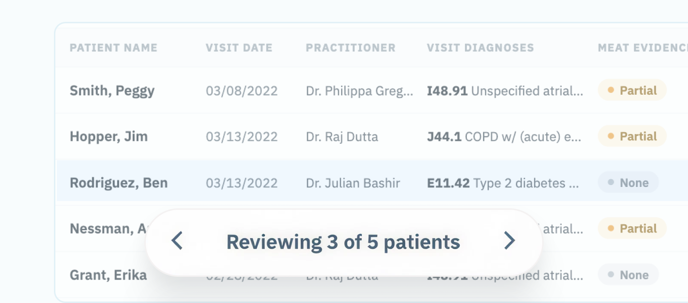 Sticky pager reading Reviewing 3 of 5 patients floating over the worklist