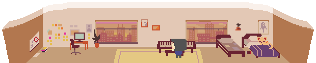 Animated pixel art living space with sunset lighting